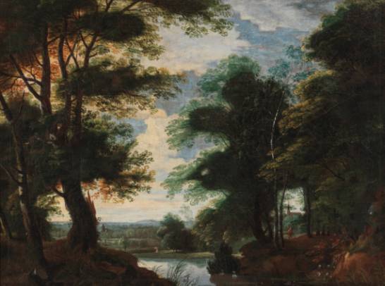 Jacques d'Arthois - A Wooded Landscape with Hunters