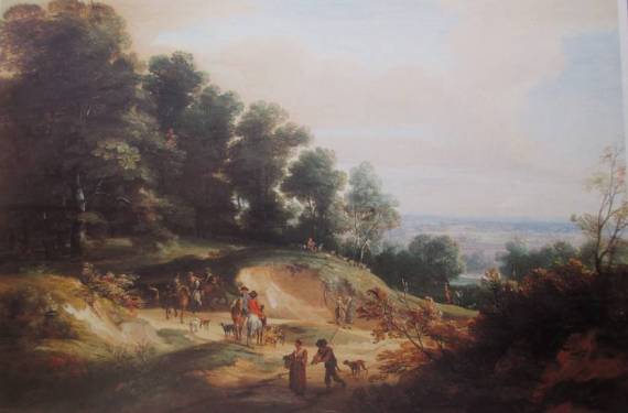 A Wooded Hillside with Peasants and Hunters