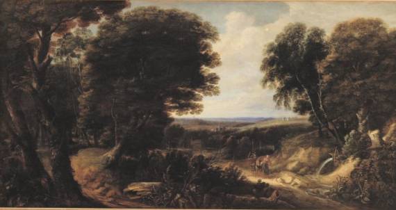 Jacques d'Arthois - An Extensive Wooded Landscape with Figures, a Castle and a River in the Distance