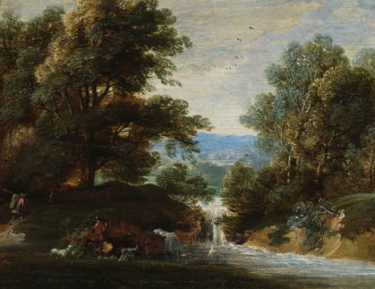 Jacques d'Arthois - Wooded Landscape at the River with a Shepherd with a Flute and his Animals