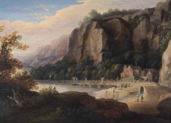 Jacques d'Arthois - A Rocky Cove with Fisherfolk on the Shore, an Artist Sketching in the Foreground