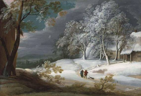 Jacques d'Arthois - A Winter Landscape with Figures and a Dog on a Track, Cottages beyond
