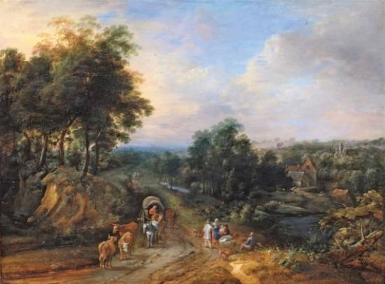 Jacques d'Arthois - Wide Landscape with Cart and Figures