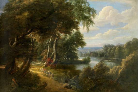Jacques d'Arthois - A Wooded Landscape in the Foret de Soignes with a Lake and Travellers