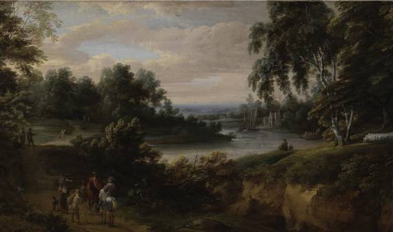 Jacques d'Arthois - Landscape with River and Horsemen