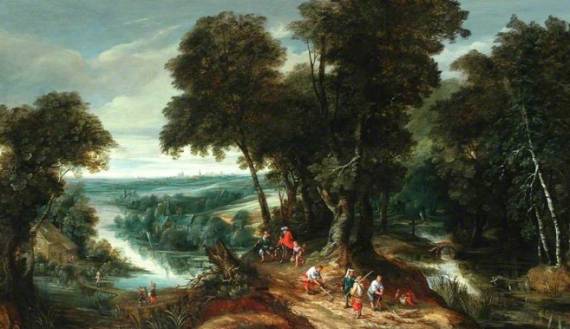 Jacques d'Arthois - Landscape, Riverbank with Figures