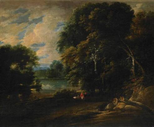 Jacques d'Arthois - Forest and Lake with Two Figures and Swans