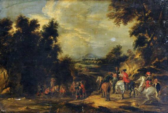 Jacques d'Arthois - Cavaliers Halting on a Road in a Landscape