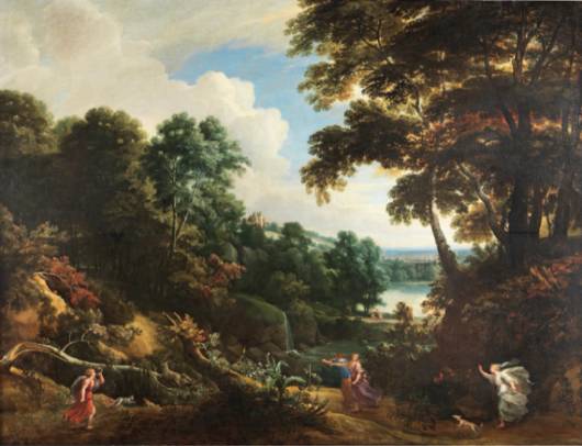 Jacques d'Arthois - A Wooded Landscape with Diana and her Nymphs Hunting a Stag