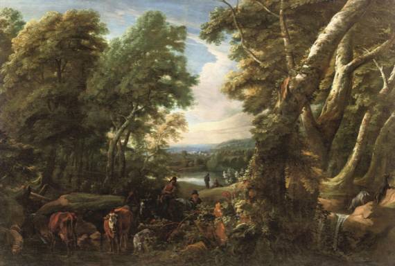 Jacques d'Arthois - A Wooded Landscape with Shepherds and Cattle Resting near a Lake