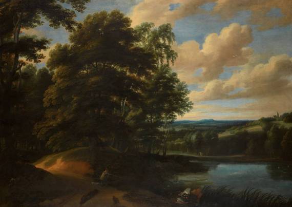 Jacques d'Arthois - Wooded River Landscape with Hunters