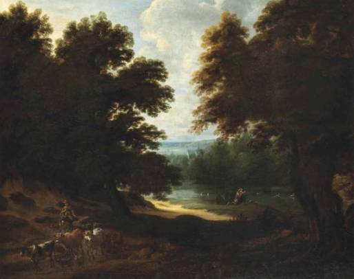 Jacques d'Arthois - A Wooded Hilly Landscape with a Huntsman and Shepherds