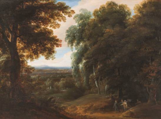 Jacques d'Arthois - Landscape with Huntsmen and an Angel