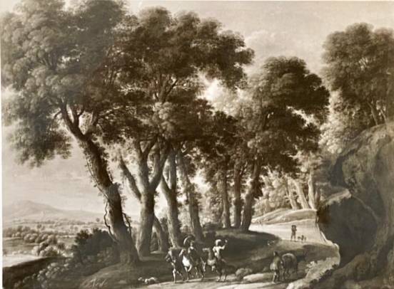 Jacques d'Arthois - Landscape with High Trees and a Lady and a Gentleman Falcon Hunting