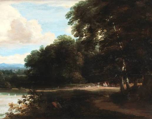 Jacques d'Arthois - Forest Landscape with Figures on a Path Leading along a River Bank