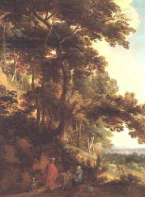 Jacques d'Arthois - An Extensive Wooded Landscape with a Peasant Family Resting on a Path