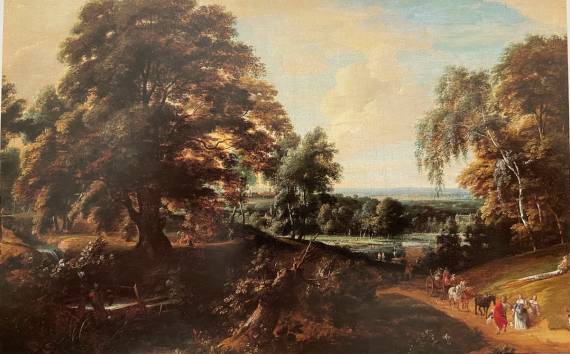 Jacques d'Arthois - A Wooded Landscape with a Wagon and Elegant Figures