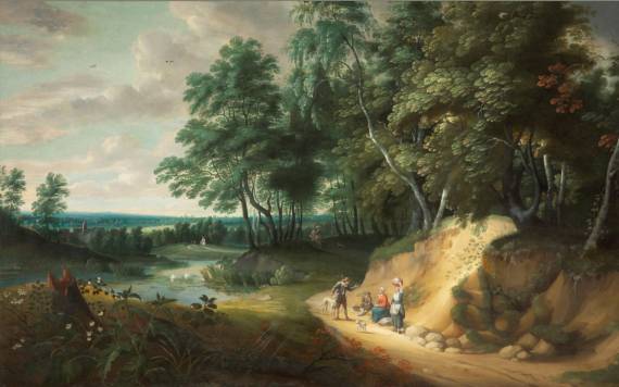 Jacques d'Arthois - An Extensive Wooded Landscape with Figures Conversing on a Path