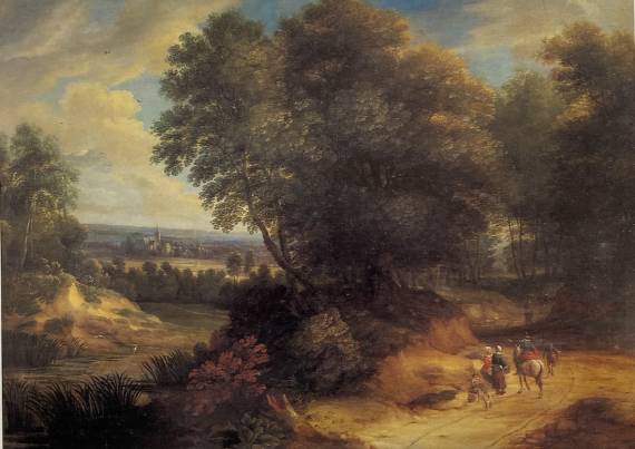 Jacques d'Arthois - A Wooded Landscape with a Traveller Talking to Peasants Women