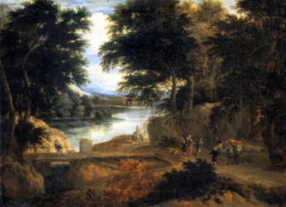 Jacques d'Arthois - A Wooded Landscape with Travellers