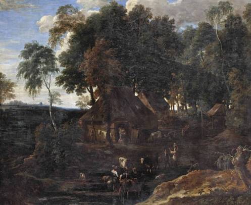 Jacques d'Arthois - The Forest of Soignes with Farmhouses, Peasants, Cows and Goats at a Watering Hole