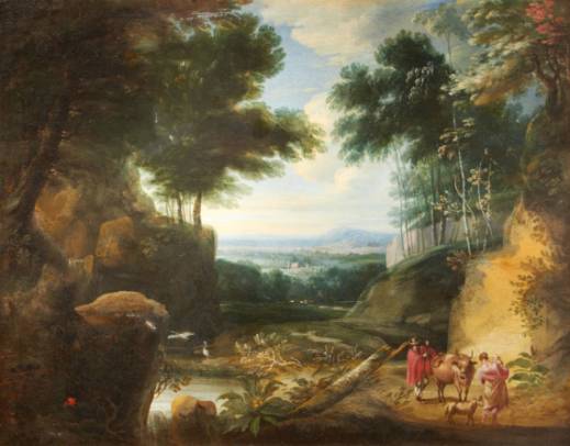 Jacques d'Arthois - Figures and Cattle on a Track in a Wooded Landscape, with Heron by a Pond