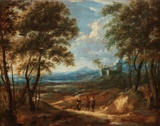 Jacques d'Arthois - A Wooded Landscape with Figures and a Castle