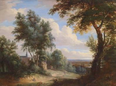 Jacques d'Arthois - Hilly Landscape with a Village Encircled by Trees with a Distant View