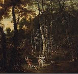 Jacques d'Arthois - A Wooded Landscape with Meleager and Atalanta Leading the Hunt for the Caledonian Boar
