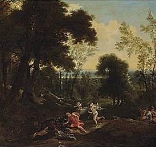 Jacques d'Arthois - A Wooded Landscape with Meleager Dealing the Death Blow to the Boar, Atalanta Beside Him
