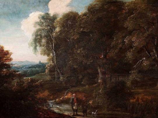 Jacques d'Arthois - Two Figures with a Dog by a Forest Stream