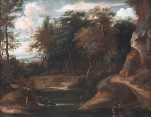 Jacques d'Arthois - Wooded Landscape with a River Valley, Rocks, Hunters and Travellers