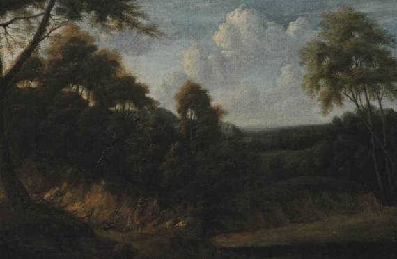 Jacques d'Arthois - A Wooded Landscape with a Huntsman on a Track