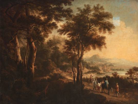 Jacques d'Arthois - An Extensive Italian Landscape with a Prison Guard Transport