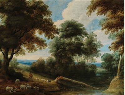 Jacques d'Arthois - A Wooded Landscape with a Shepherd Defending his Flock against a Wolf