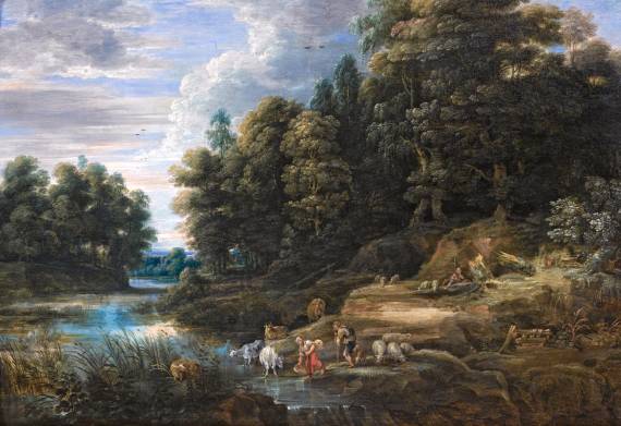 Jacques d'Arthois - A Wooded River Landscape with Shepherds and their Flock Resting
