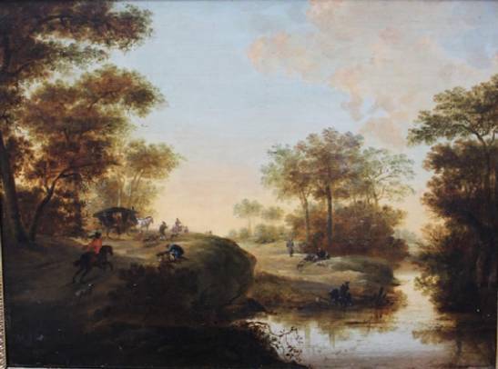 Jacques d'Arthois - Landscape with Hunters and a Coach by a River