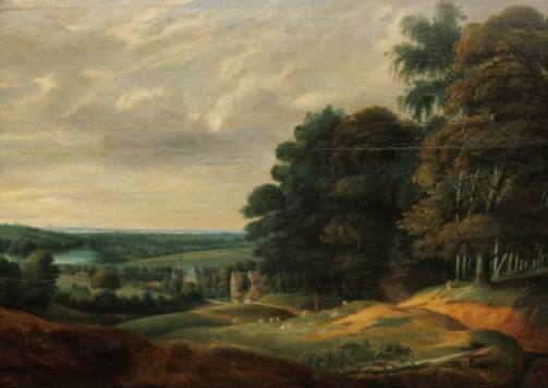 Jacques d'Arthois - Hilly Landscape with Shepherds and Flock near a Village