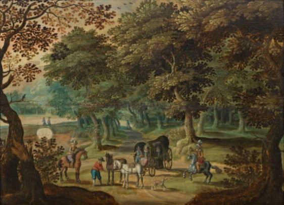Jacques d'Arthois - Wooded Landscape with Riders and Carriage