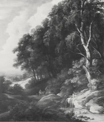 Jacques d'Arthois - Wooded Landscape with Peasant and his Dog resting on Path by Stream