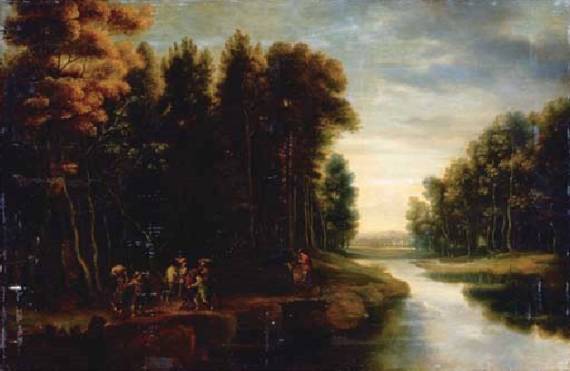 Jacques d'Arthois - A Wooded River Landscape with Soldiers and Travellers on a Path