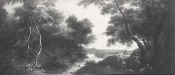 Jacques d'Arthois - Wooded River Landscape with Hunters and Ducks