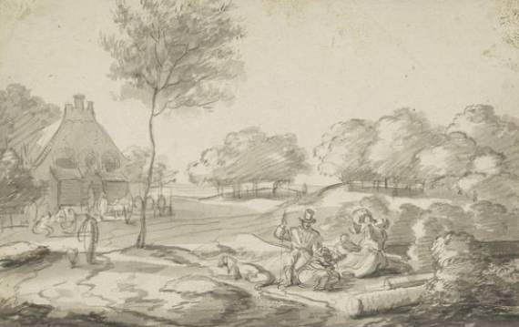 Jacques d'Arthois - A Family Resting in the Open opposite a Farmhouse