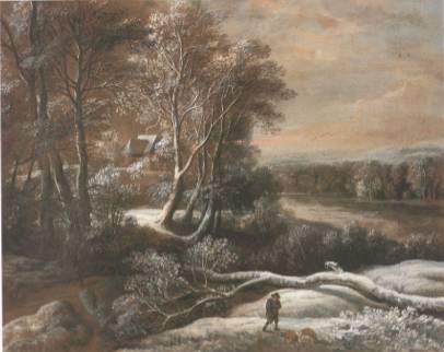 Jacques d'Arthois - Winter Wooded Landscape with a Traveller and a River