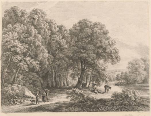 Jacques d'Arthois - Cattle and Figures with a River at Right