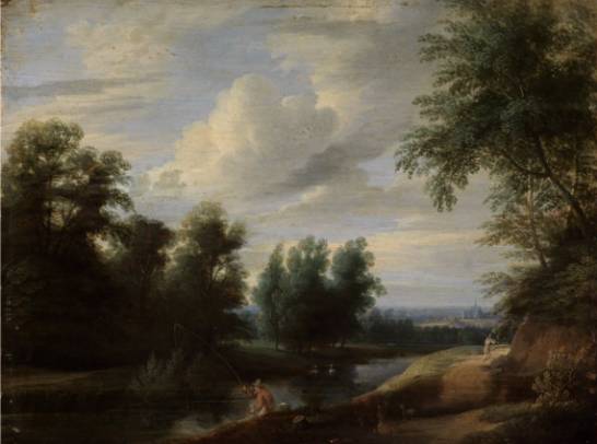 Jacques d'Arthois - Wooded River Landscape with a Fisherman