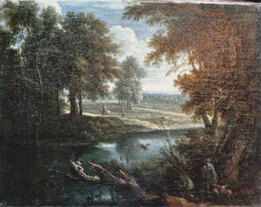 Jacques d'Arthois - Wooded River Landscape with Hunters