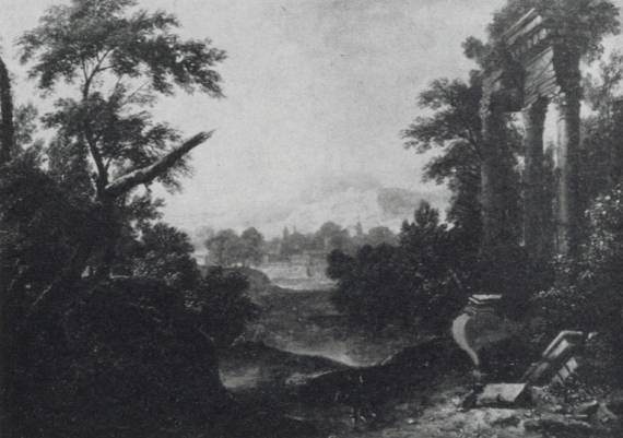 Jacques d'Arthois - Wooded Landscape with View of a Town and Figures at the Foot of Ruins