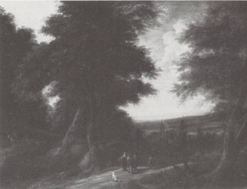 Jacques d'Arthois - An Extensive Wooded Landscape with Peasants on a Path, a Village beyond