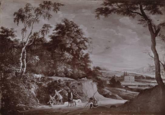 Jacques d'Arthois - Wooded Landscape with Figures in a Sunken Road and a Castle in the Distance